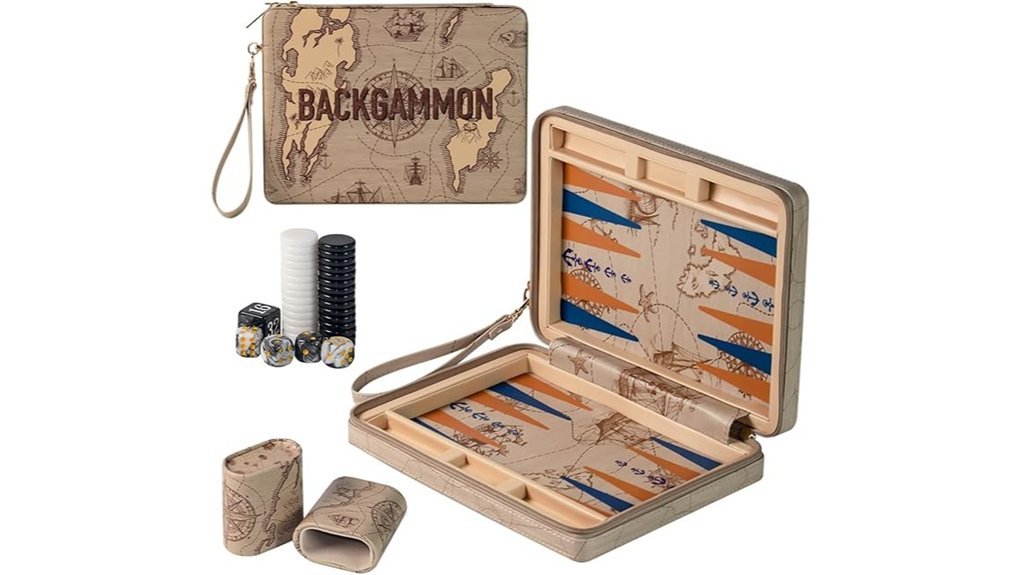 compact leather backgammon set