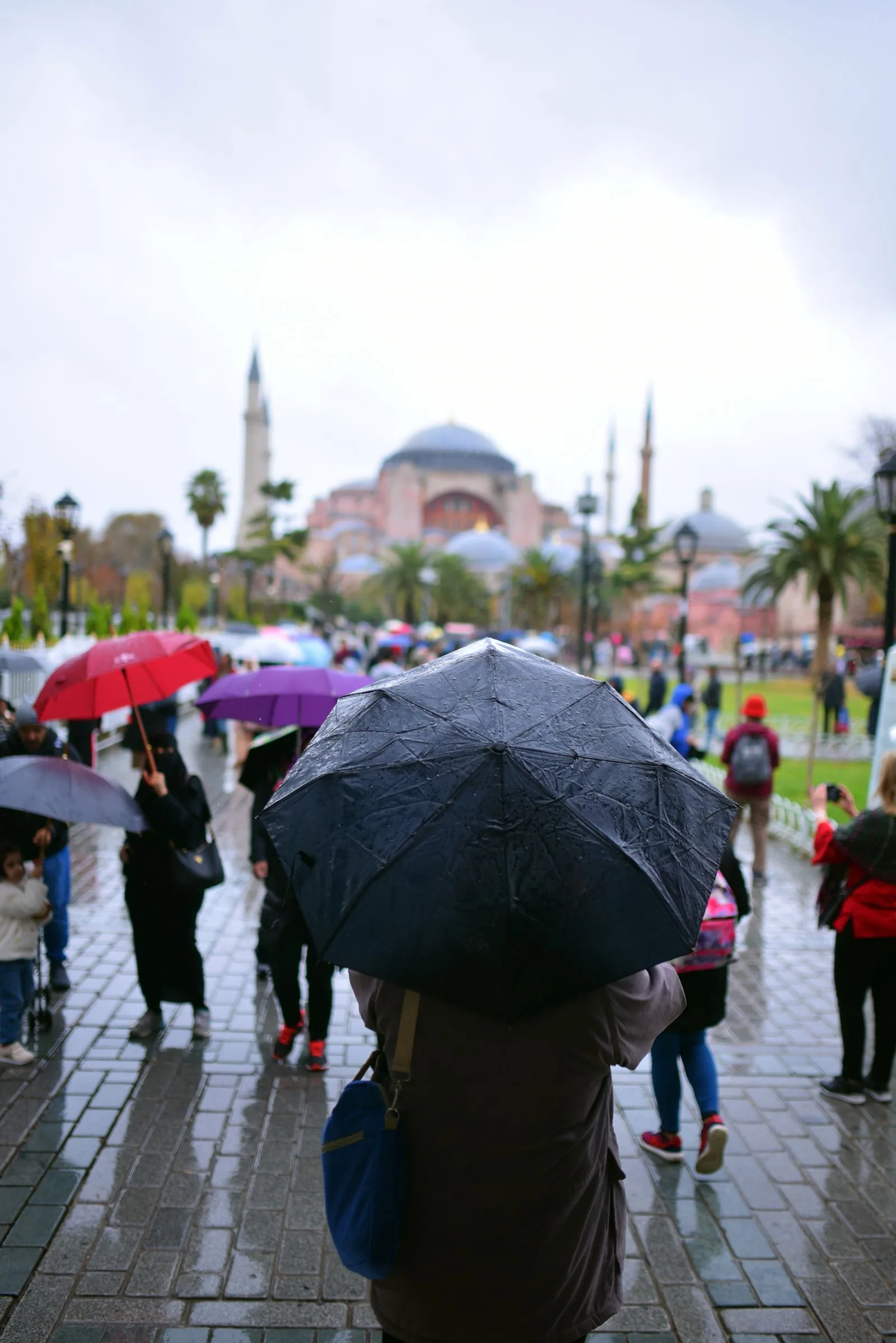 Travelers holding umbrellas in the rain in front of the Hagia Sophia in Istanbul